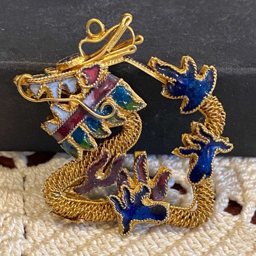 Gold and Blue,Green Enamel Dragon Pendant